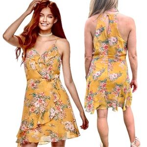 - Almost Famous Yellow Halter Ruffle Floral Print Sundress SZ XL! EUC!